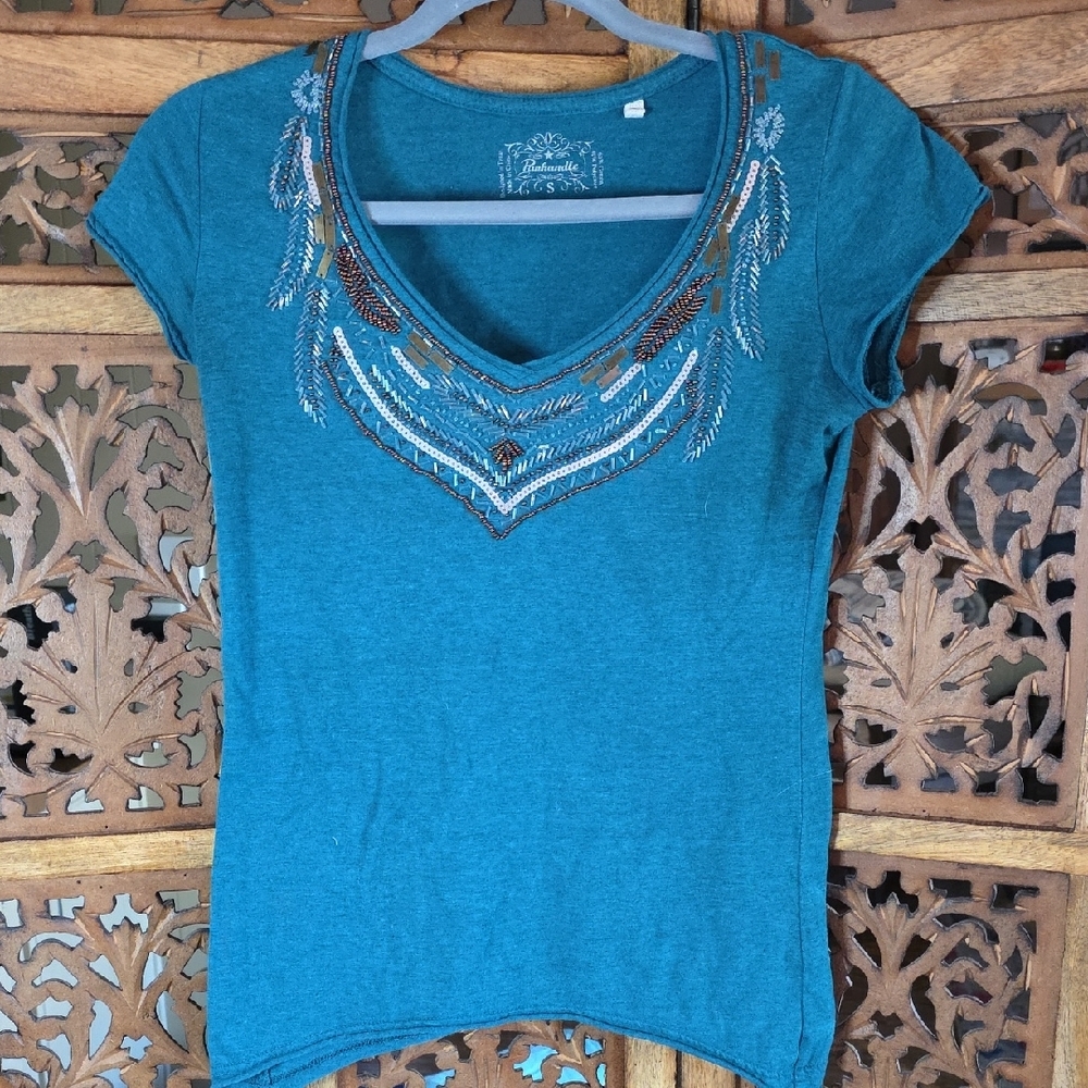 Teal Beaded V-Neck Women's Tee